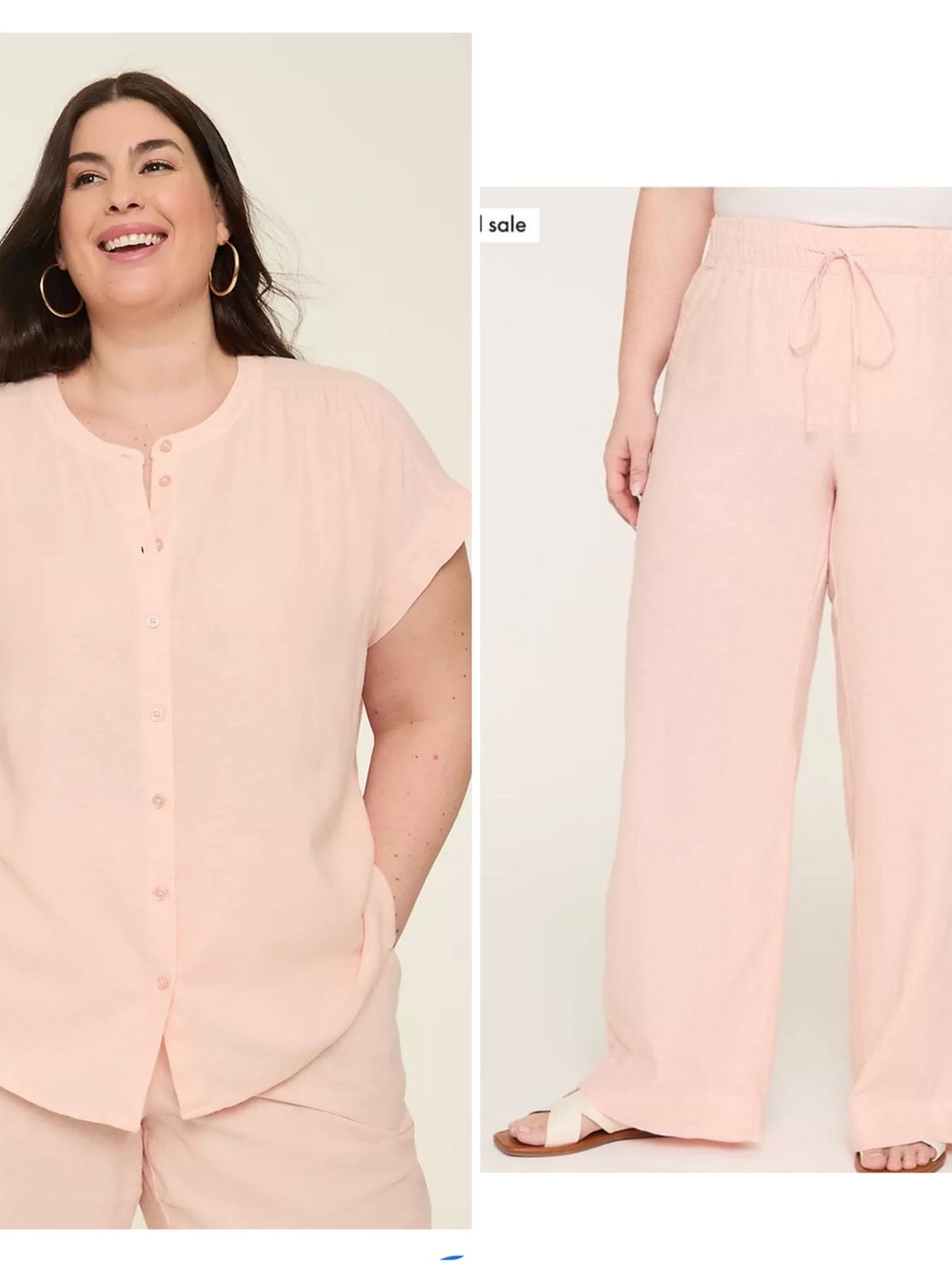 Lane Bryant Peach Pink Button Front Top and Wide Leg Pants Set Linen Blend 18L
